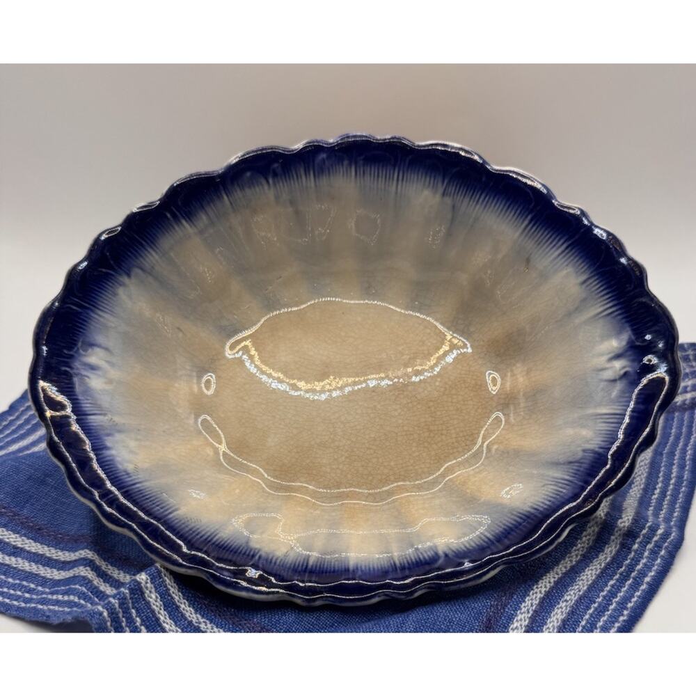 1930s Vintage Limoges China Blue Rim Serving Bowl Crackle Glaze Coastal Regency